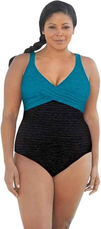 Chlorine resistant long torso swimsuit in color block krinkle fabric with a flattering twist front for plus size support.