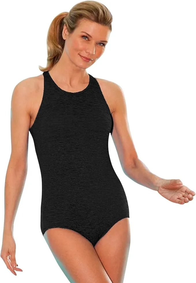 High-neck one-piece Penbrooke swimsuit in a textured krinkle fabric with full coverage and chlorine-proof protection.